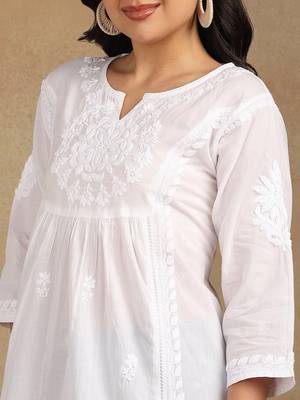 Women white floral  embroidered lucknowi chikankari pure cotton short kurta 4