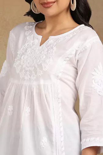 Women white floral  embroidered lucknowi chikankari pure cotton short kurta