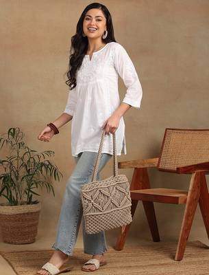 Women white floral  embroidered lucknowi chikankari pure cotton short kurta 5