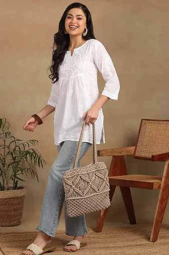 Women white floral  embroidered lucknowi chikankari pure cotton short kurta