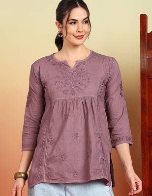 Women mauve floral hand embroidered lucknowi chikankari pure cotton short kurti 1