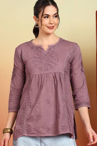 Women mauve floral hand embroidered lucknowi chikankari pure cotton short kurti