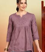 Women mauve floral hand embroidered lucknowi chikankari pure cotton short kurti