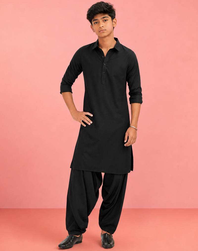 Boys black viscose solid kurta patiala set