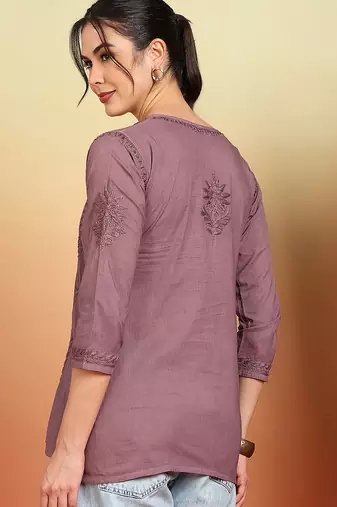 Women mauve floral hand embroidered lucknowi chikankari pure cotton short kurti