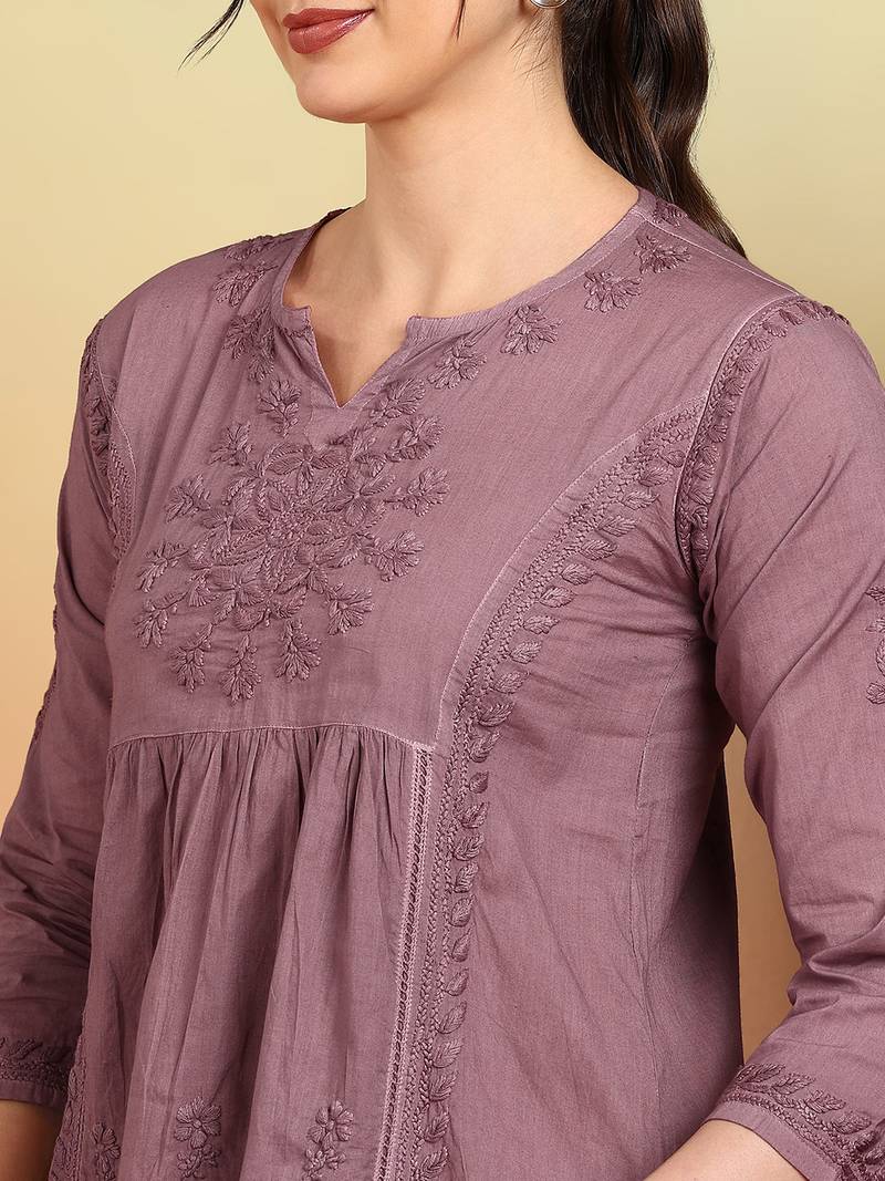 Women mauve floral hand embroidered lucknowi chikankari pure cotton short kurti