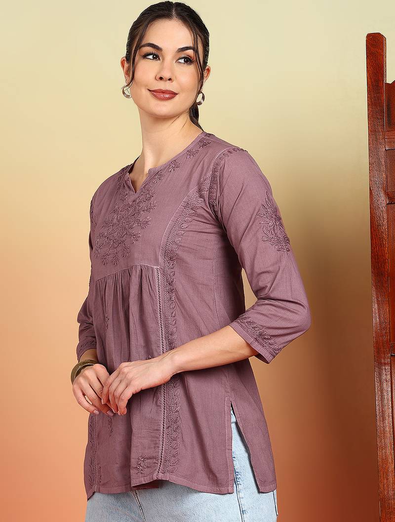 Women mauve floral hand embroidered lucknowi chikankari pure cotton short kurti