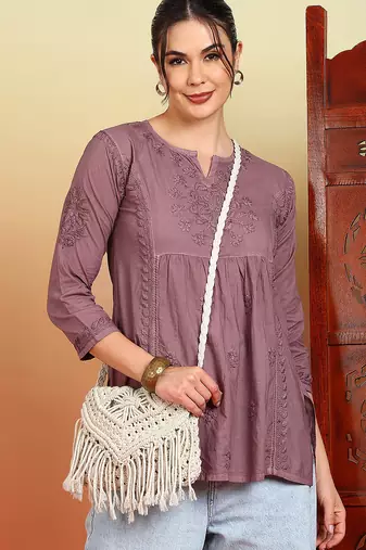 Women mauve floral hand embroidered lucknowi chikankari pure cotton short kurti