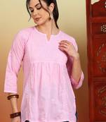 Women pink floral hand embroidered lucknowi chikankari pure cotton short kurta