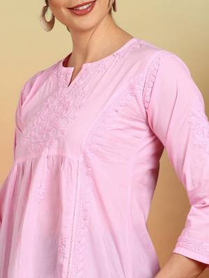 Women pink floral hand embroidered lucknowi chikankari pure cotton short kurta 2