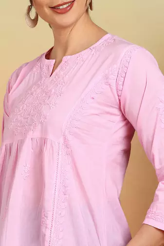 Women pink floral hand embroidered lucknowi chikankari pure cotton short kurta
