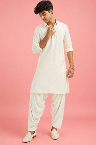 Boys cream viscose solid kurta patiala set