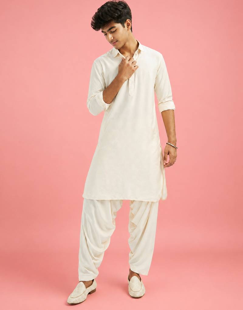 Boys cream viscose solid kurta patiala set