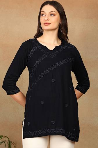 Women navy blue ethnic motifs embroidered chikankari rayon cotton short kurti