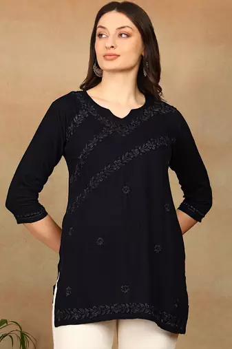 Women navy blue ethnic motifs embroidered chikankari rayon cotton short kurti