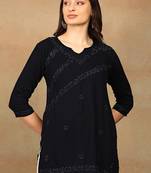 Women navy blue ethnic motifs embroidered chikankari rayon cotton short kurti