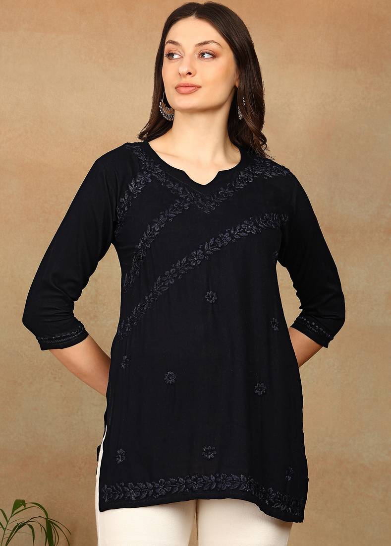 Women navy blue ethnic motifs embroidered chikankari rayon cotton short kurti