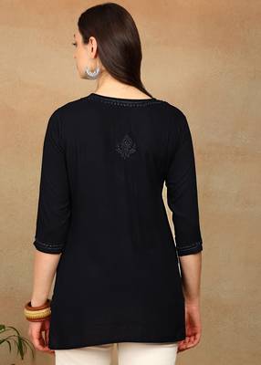 Women navy blue ethnic motifs embroidered chikankari rayon cotton short kurti 2
