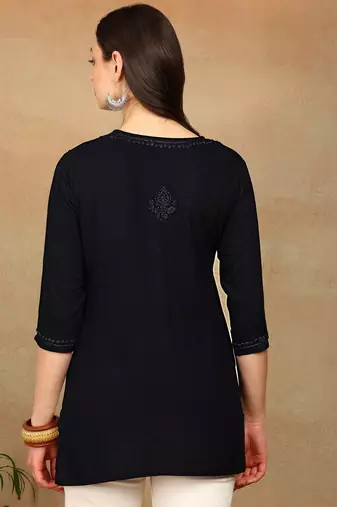 Women navy blue ethnic motifs embroidered chikankari rayon cotton short kurti