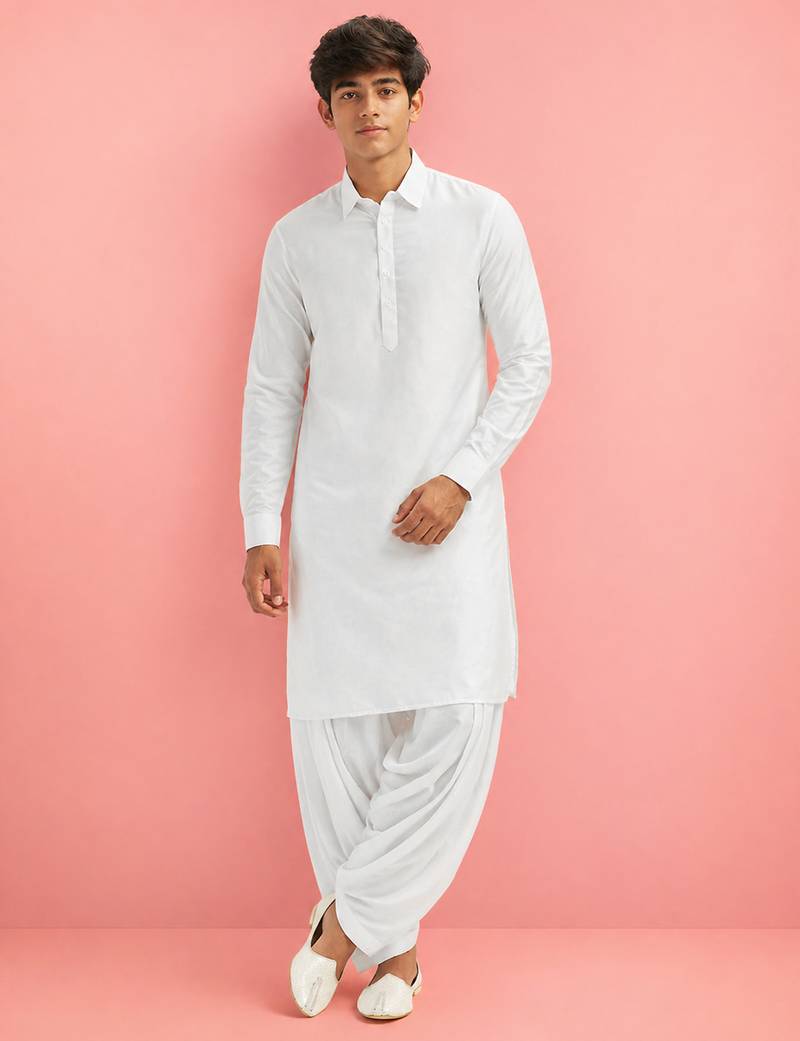 Boys white viscose solid kurta patiala set