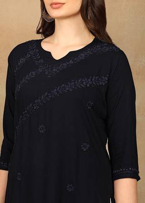 Women navy blue ethnic motifs embroidered chikankari rayon cotton short kurti 3