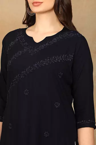 Women navy blue ethnic motifs embroidered chikankari rayon cotton short kurti
