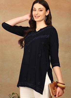 Women navy blue ethnic motifs embroidered chikankari rayon cotton short kurti 4