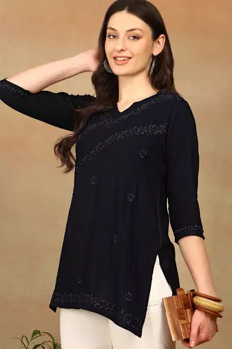 Women navy blue ethnic motifs embroidered chikankari rayon cotton short kurti