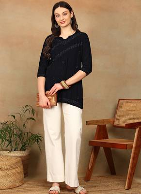 Women navy blue ethnic motifs embroidered chikankari rayon cotton short kurti 5