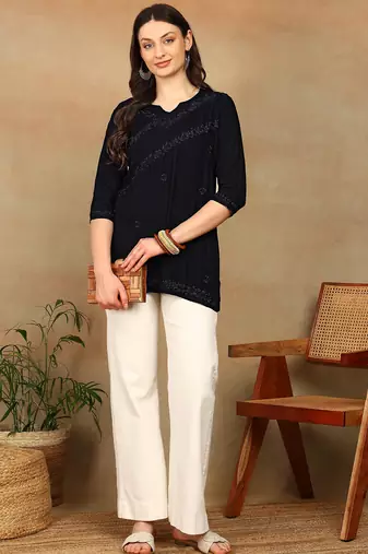 Women navy blue ethnic motifs embroidered chikankari rayon cotton short kurti