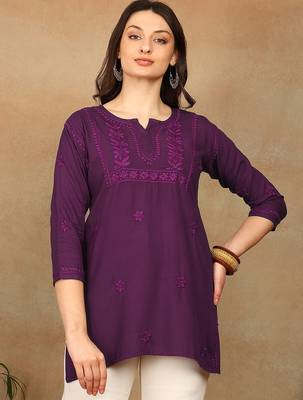 Women purple floral chikankari embroidered liva rayon flared short kurta kurtis 1