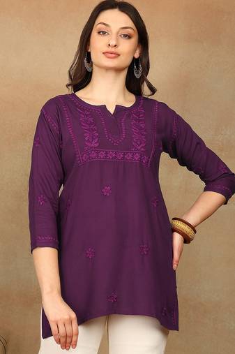 Women purple floral chikankari embroidered liva rayon flared short kurta kurtis