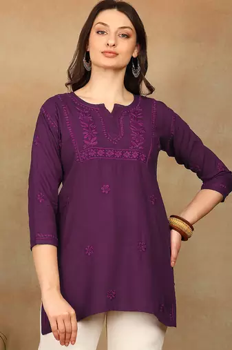 Women purple floral chikankari embroidered liva rayon flared short kurta kurtis