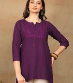 Women purple floral chikankari embroidered liva rayon flared short kurta kurtis