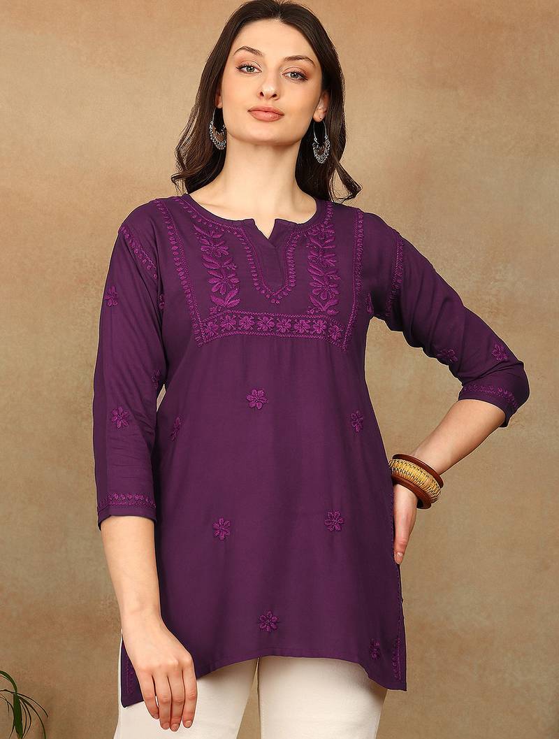 Women purple floral chikankari embroidered liva rayon flared short kurta kurtis
