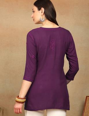 Women purple floral chikankari embroidered liva rayon flared short kurta kurtis 2
