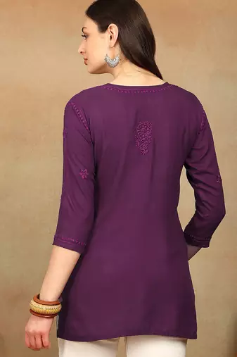 Women purple floral chikankari embroidered liva rayon flared short kurta kurtis