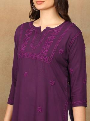 Women purple floral chikankari embroidered liva rayon flared short kurta kurtis 3