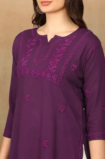 Women purple floral chikankari embroidered liva rayon flared short kurta kurtis
