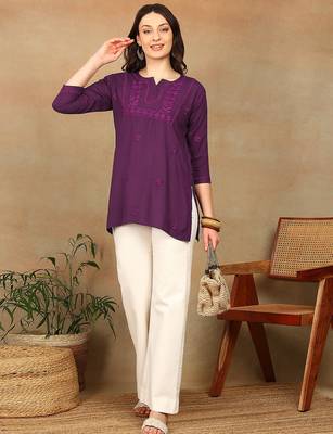 Women purple floral chikankari embroidered liva rayon flared short kurta kurtis 4