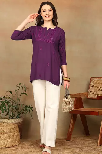 Women purple floral chikankari embroidered liva rayon flared short kurta kurtis