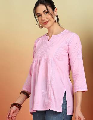 Women pink floral hand embroidered lucknowi chikankari pure cotton short kurta 5