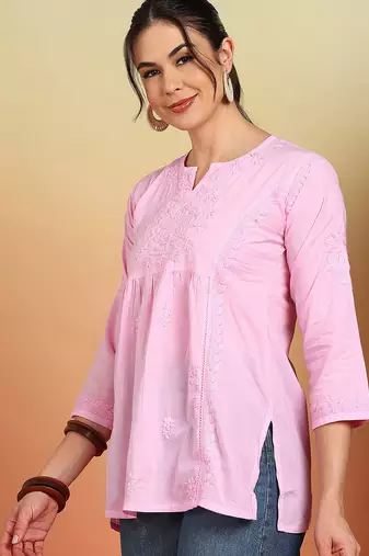 Women pink floral hand embroidered lucknowi chikankari pure cotton short kurta