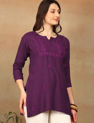 Women purple floral chikankari embroidered liva rayon flared short kurta kurtis 5