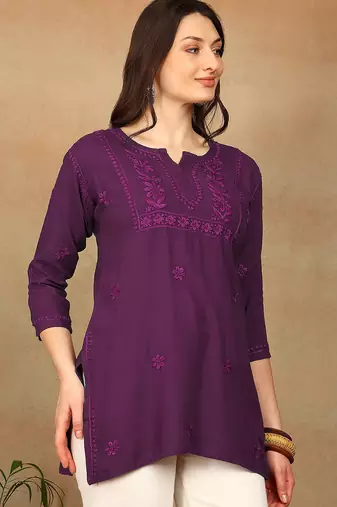 Women purple floral chikankari embroidered liva rayon flared short kurta kurtis