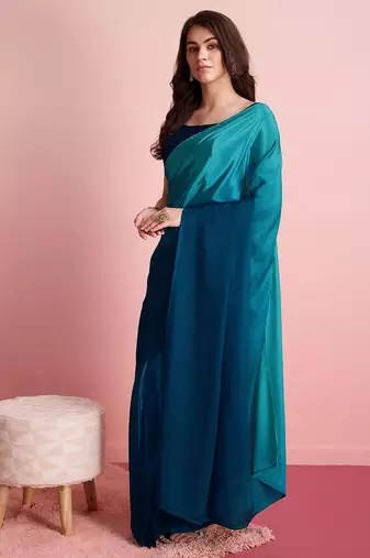 Blue plain poly silk party wear saree with blouse piece