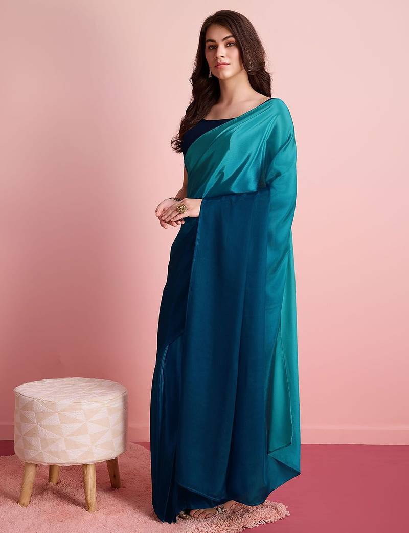 Blue plain poly silk party wear saree with blouse piece