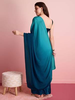 Blue plain poly silk party wear saree with blouse piece 2