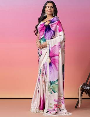 Cream printed art silk traditional saree with blouse piece 1