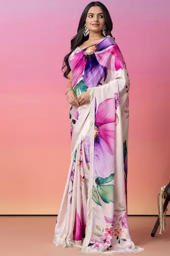 Cream printed art silk traditional saree with blouse piece